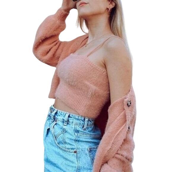 MOD Pink Fuzzy Button Front Knit Cardigan and Cami Set - Picture 7 of 15